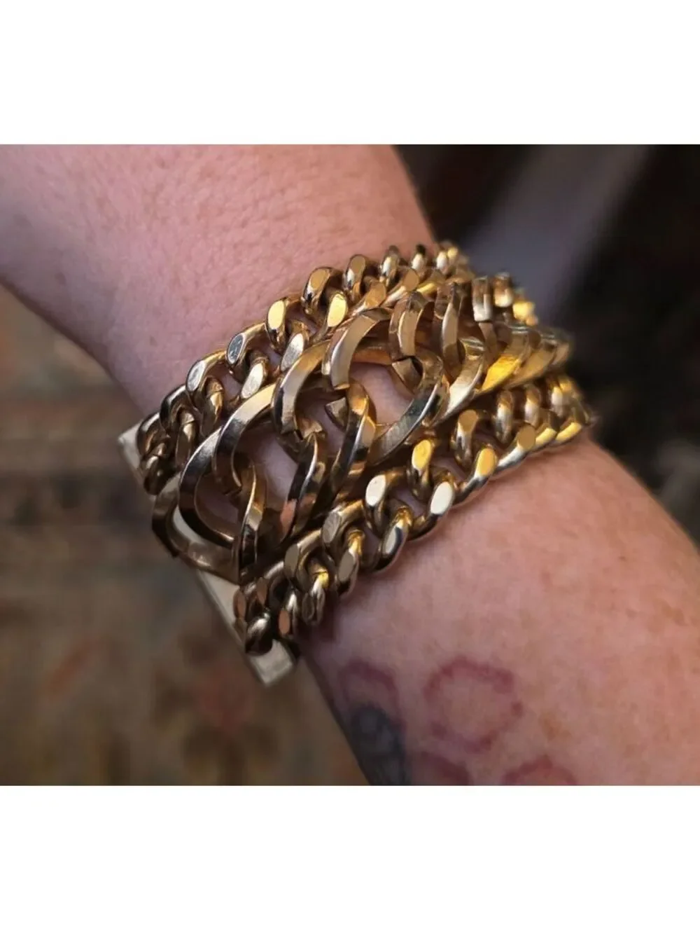 Vintage Chunky Gold Tone 3 Strand Cuban Curb Link Statement Bracelet